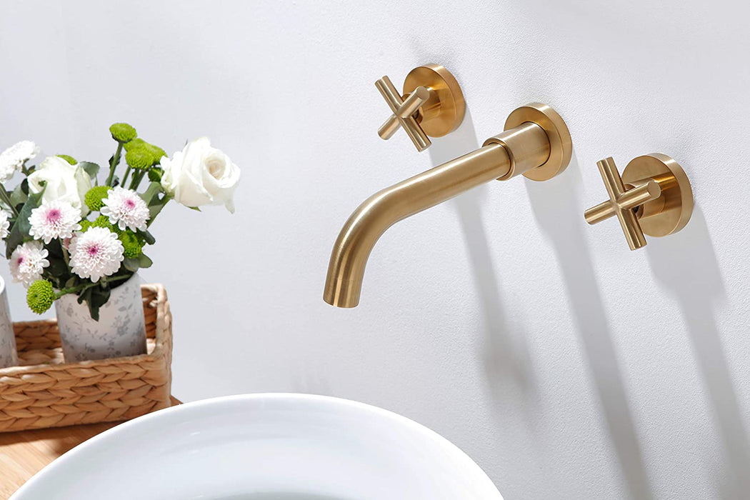 SITGES Gold Bathroom Faucet, Double Handle Wall Mount Bathroom Sink Faucet and Rough in Valve Included (Gold)