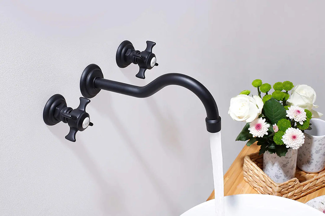 SITGES Antique Wall Faucet,Two Handle Bathroom Sink Wall Mount Faucet with Rough in Valve Included,Matte Black