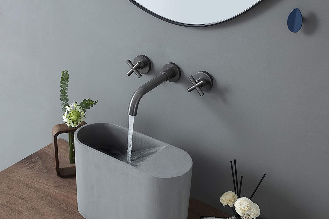 SITGES Brushed Dark Grey Bathroom Faucet, Double Handle Wall Mount Bathroom Sink Faucet and Rough in Valve Included (Brushed Dark Grey)