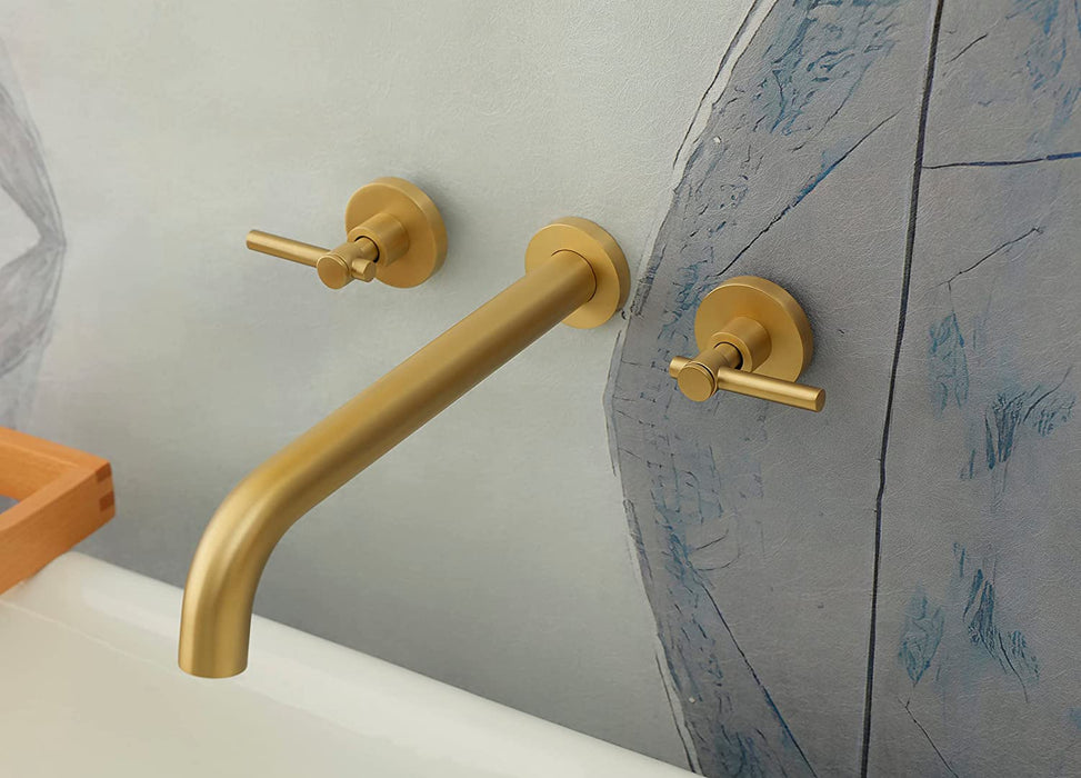 Wall Mount Tub Filler,Two Handle Bathtub Wall Faucet,Extra Long Spout Reach with High Water Flow,Brass Rough in Valve Included, Gold Brushed